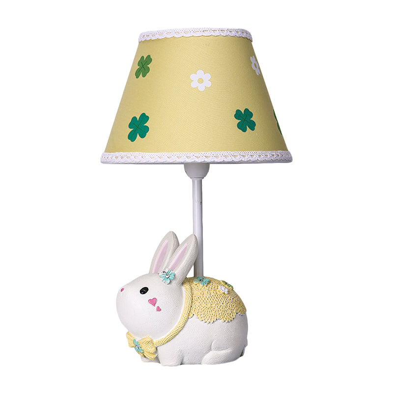 Conical Fabric Study Lamp Cartoon 1-Light Yellow Table Light with Clover Pattern and Rabbit Base