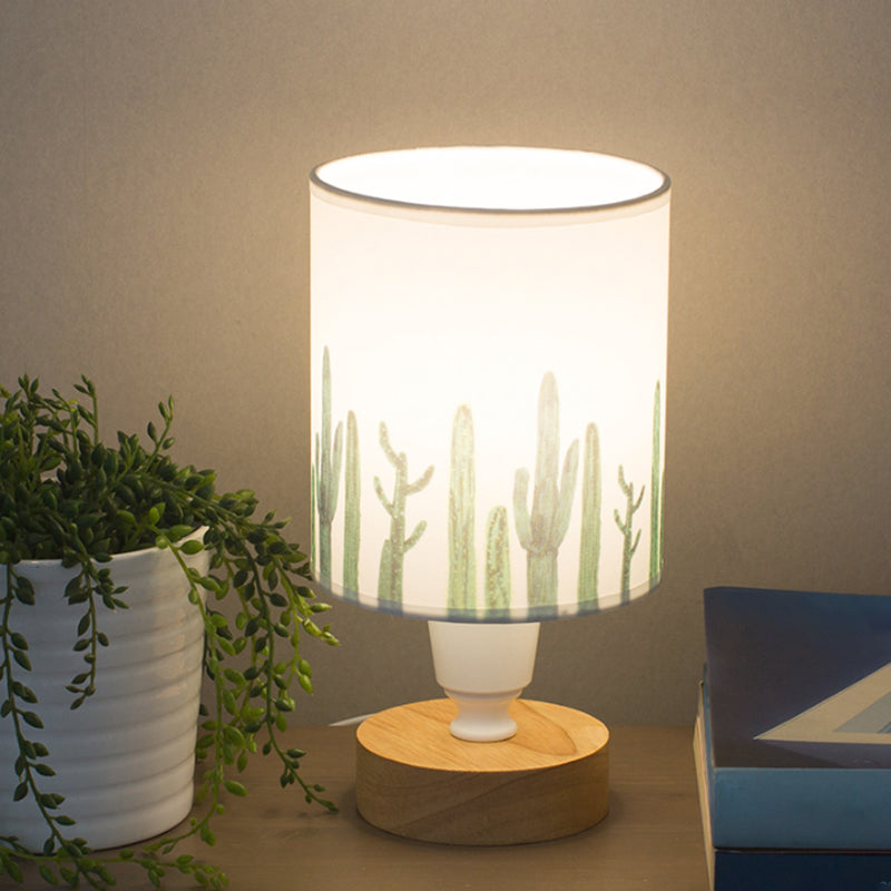 Fabric Cylinder Desk Light Modern 1-Bulb Reading Lamp with Tree/Fish/Cactus Deco and Wooden Base in White