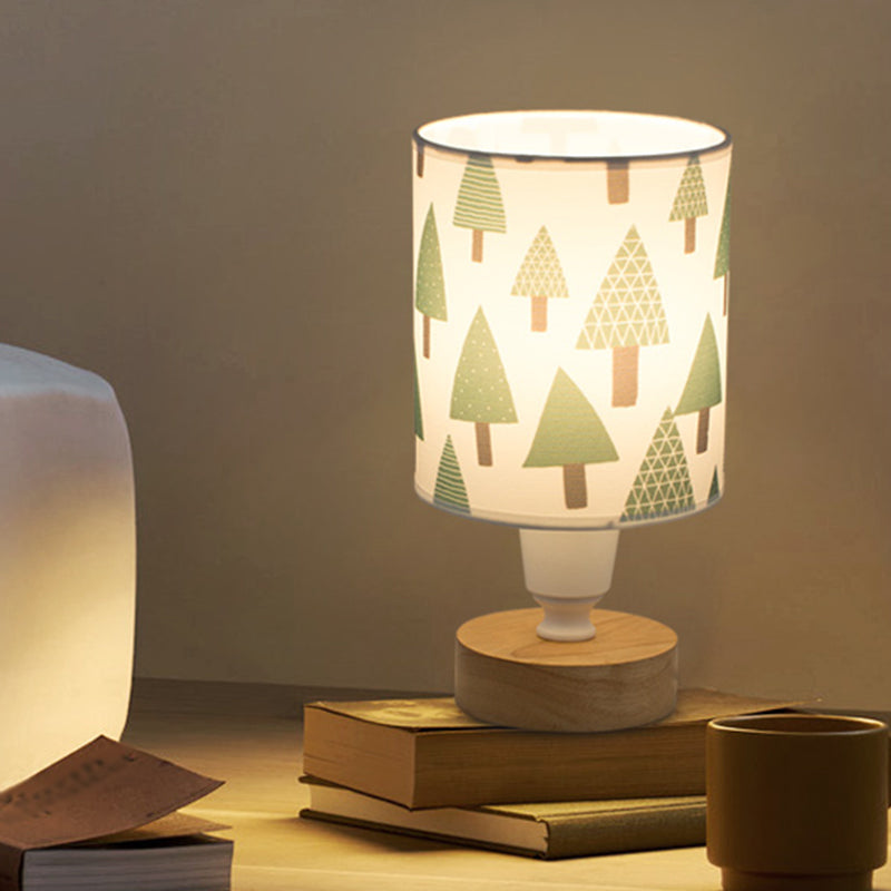 Fabric Cylinder Desk Light Modern 1-Bulb Reading Lamp with Tree/Fish/Cactus Deco and Wooden Base in White