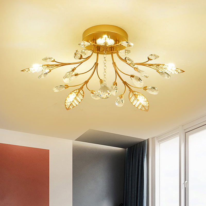 Aménagement de plafond de branche d'or Moderniste 5/8 Bulbes Facet Crystal Semi Flush Mount Éclairage