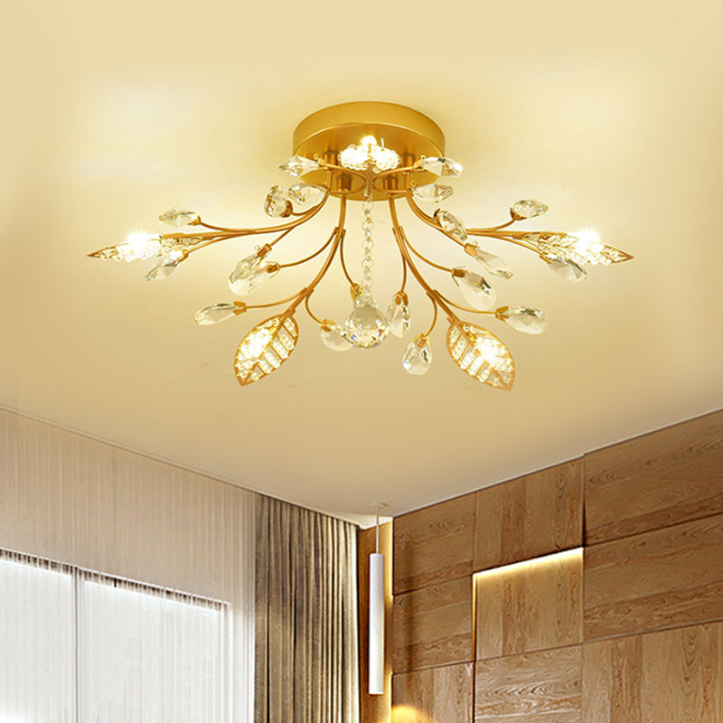 Aménagement de plafond de branche d'or Moderniste 5/8 Bulbes Facet Crystal Semi Flush Mount Éclairage