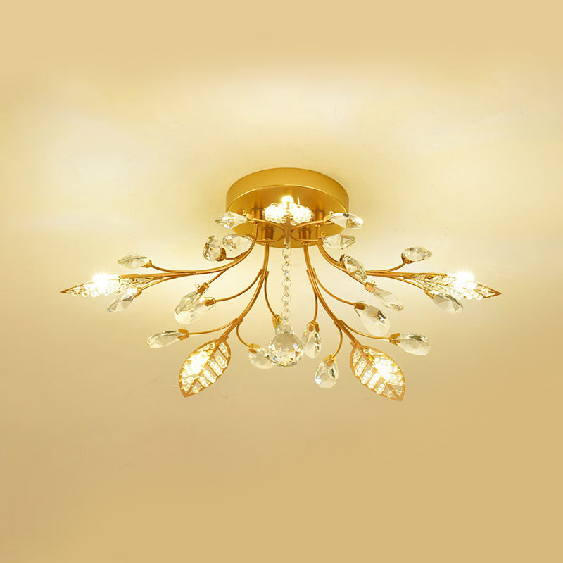 Gold Branch Ceiling Fixture Modernist 5/8 Bulbs Faceted Crystal Semi Flush Mount Lighting