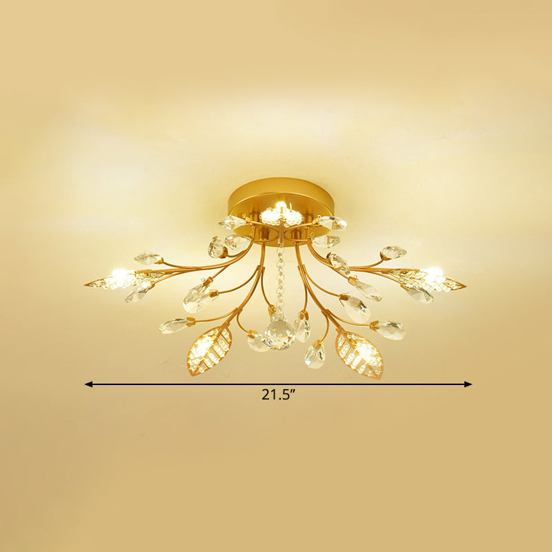 Aménagement de plafond de branche d'or Moderniste 5/8 Bulbes Facet Crystal Semi Flush Mount Éclairage