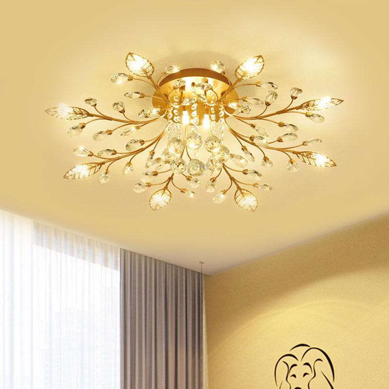 Aménagement de plafond de branche d'or Moderniste 5/8 Bulbes Facet Crystal Semi Flush Mount Éclairage