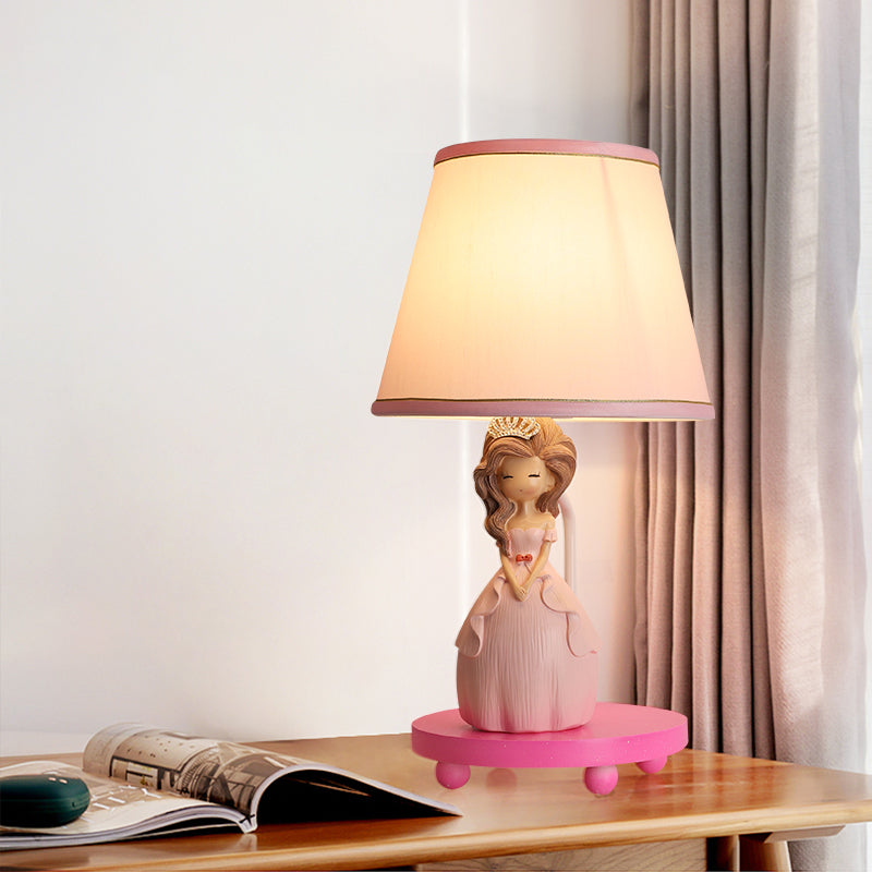 Fabric Conical Table Lamp Cartoon 1-Bulb Pink Nightstand Light with Princess Design