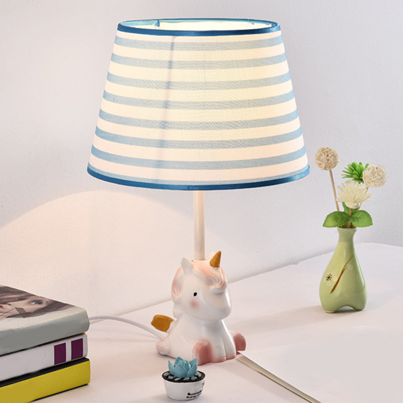 Fabric Cone Reading Lamp Cartoon 1 Light White/Pink/Blue Table Light with Rainbow Unicorn Base