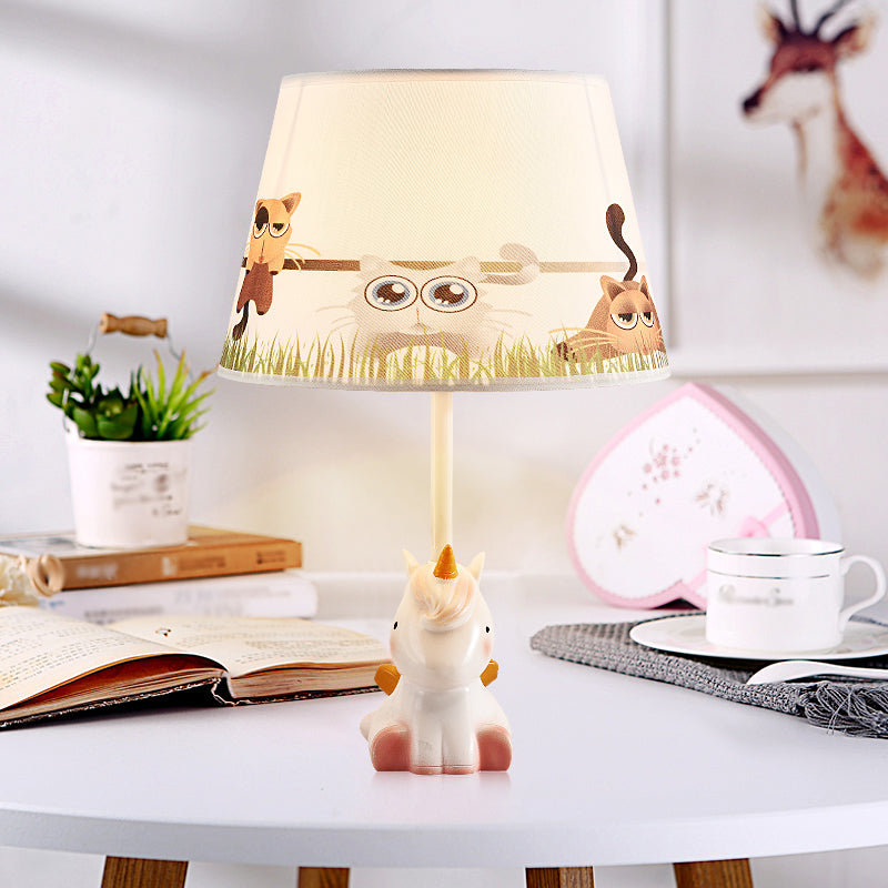 Fabric Cone Reading Lamp Cartoon 1 Light White/Pink/Blue Table Light with Rainbow Unicorn Base