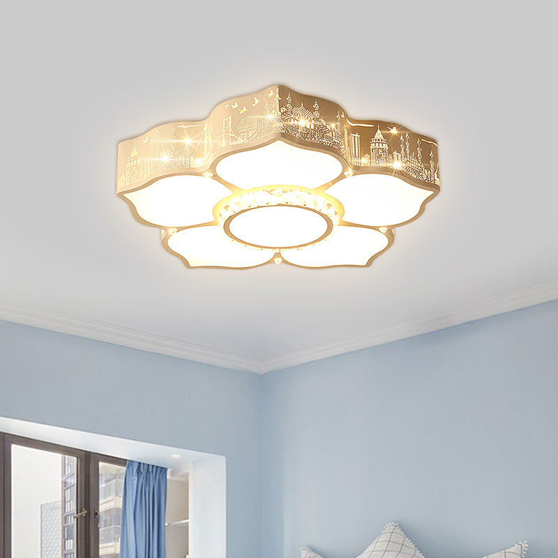 Floral Bedroom Flush Light Fixture Acrylic LED Modern Flush Mount with Faceted Crystal Decor in White