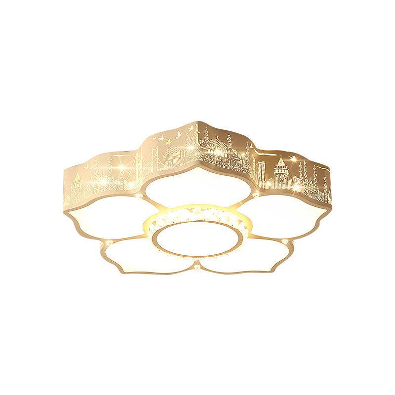 Floral Bedroom Flush Light Fixture Acrylic LED Modern Flush Mount with Faceted Crystal Decor in White