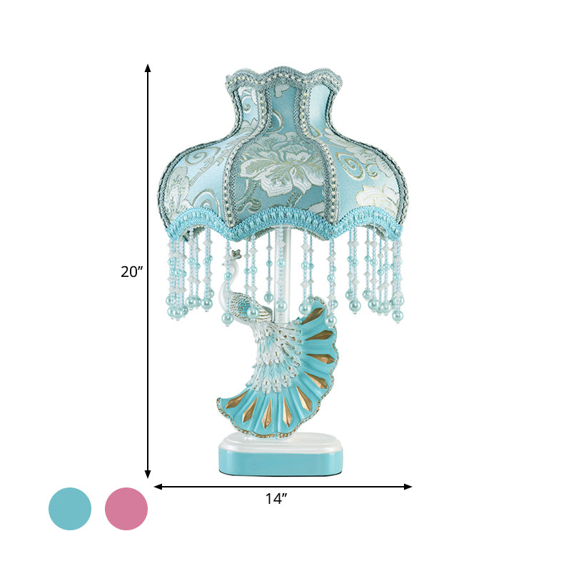 Fabric Dome Table Lamp Nordic 1-Bulb Pink/Blue Reading Book Light with Fringe and Peacock Deco