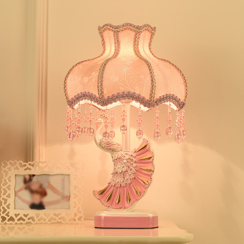 Fabric Dome Table Lamp Nordic 1-Bulb Pink/Blue Reading Book Light with Fringe and Peacock Deco