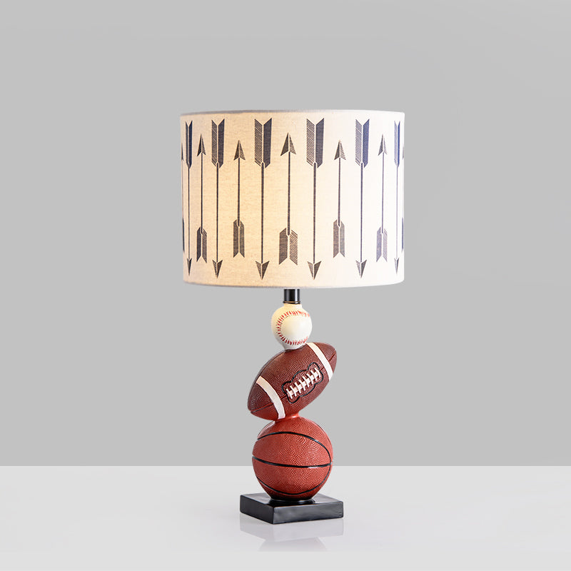 Cylinder Bedroom Task Light Fabric 1 Light Cartoon Night Table Lamp with Ball Decor in Brown