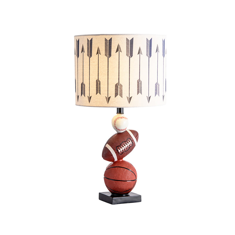 Cylinder Bedroom Task Light Fabric 1 Light Cartoon Night Table Lamp with Ball Decor in Brown