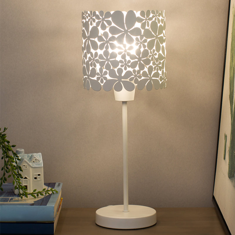 Cylinder Iron Table Lamp Modernism 1 Light White Nightstand Light with Flower Design