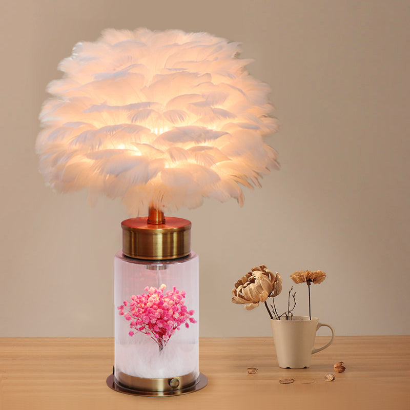 Feather Globe Study Lamp Nordic 1 Bulb Desk Light with Bottle Base and Inner Flower Decor in Grey/White/Pink