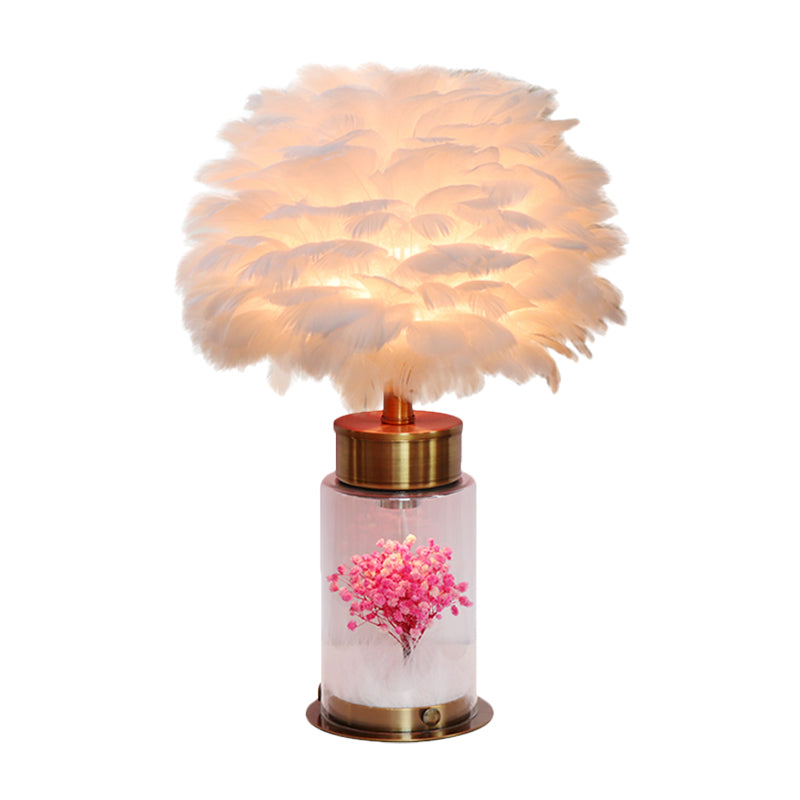 Feather Globe Study Lamp Nordic 1 Bulb Desk Light with Bottle Base and Inner Flower Decor in Grey/White/Pink