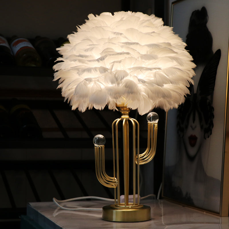 Dome Feather Desk Lamp Nordic 1-Head White Table Light with Metal Base and Clear Crystal Orbit Decor