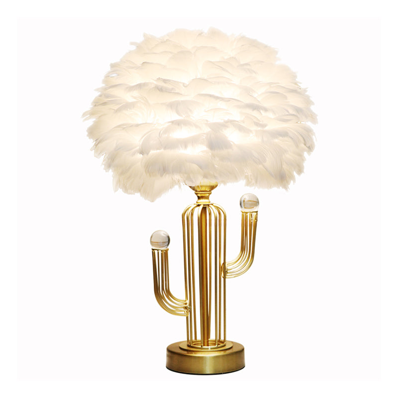 Dome Feather Desk Lamp Nordic 1-Head White Table Light with Metal Base and Clear Crystal Orbit Decor