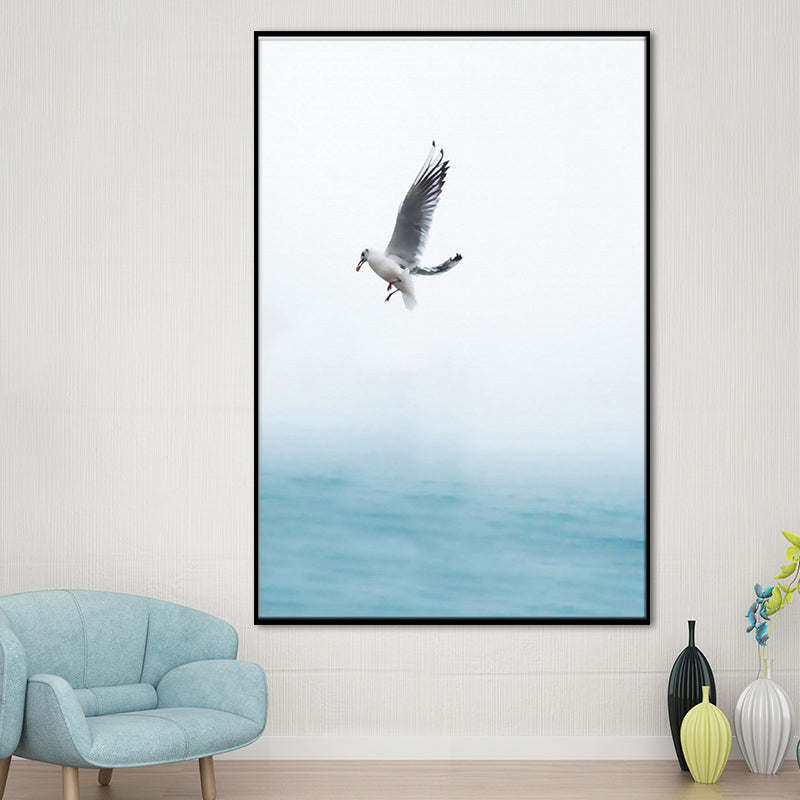 Textured Blue Wall Decor Modern Seagull Flying over Ocean Canvas Wall Art for Home