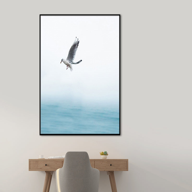 Textured Blue Wall Decor Modern Seagull Flying over Ocean Canvas Wall Art for Home