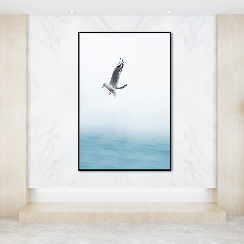 Textured Blue Wall Decor Modern Seagull Flying over Ocean Canvas Wall Art for Home