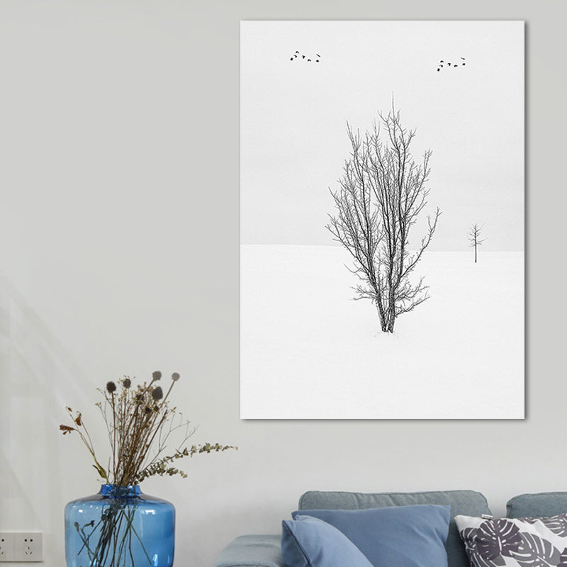 Photography Minimalistic Canvas Wall Art with Bird and Tree Scenery, Light Color