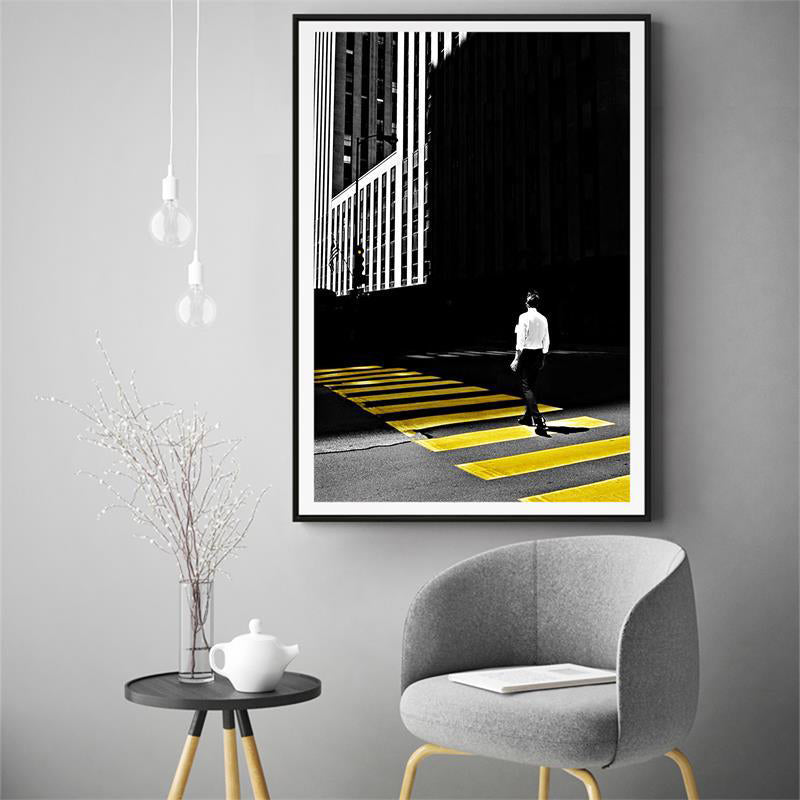 Yellow City View Wall Decor Photo Man Crossing the Road Modern Textured Canvas Art