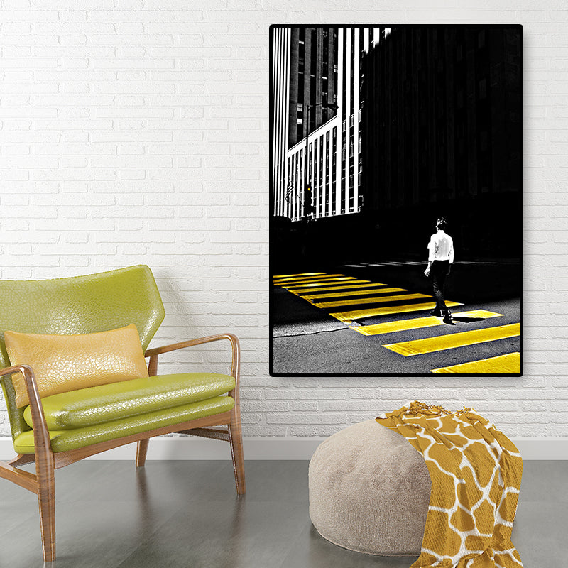 Yellow City View Wall Decor Photo Man Crossing the Road Modern Textured Canvas Art