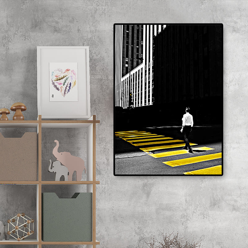 Yellow City View Wall Decor Photo Man Crossing the Road Modern Textured Canvas Art