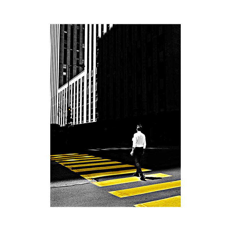 Yellow City View Wall Decor Photo Man Crossing the Road Modern Textured Canvas Art