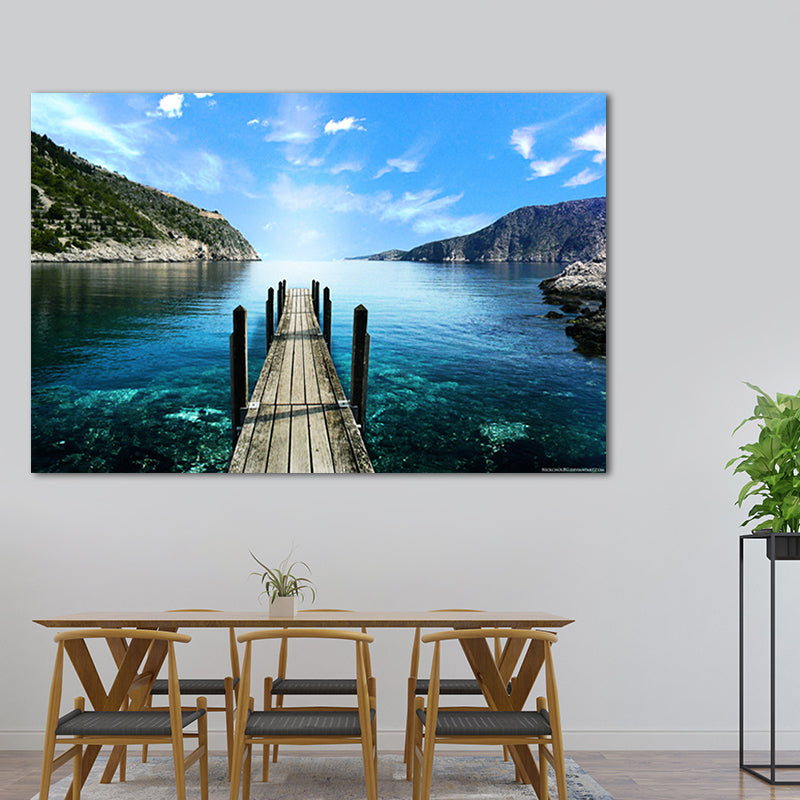 Photo Ocean Wooden Bridge Art Print Contemporary Canvas Wall Decor in Dark Color