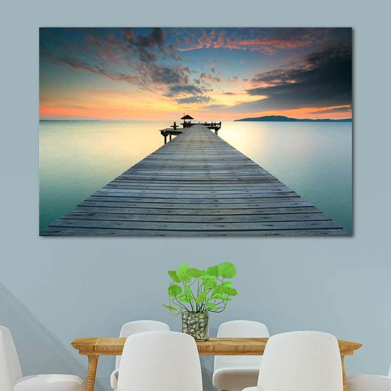 Photo Ocean Wooden Bridge Art Print Contemporary Canvas Wall Decor in Dark Color