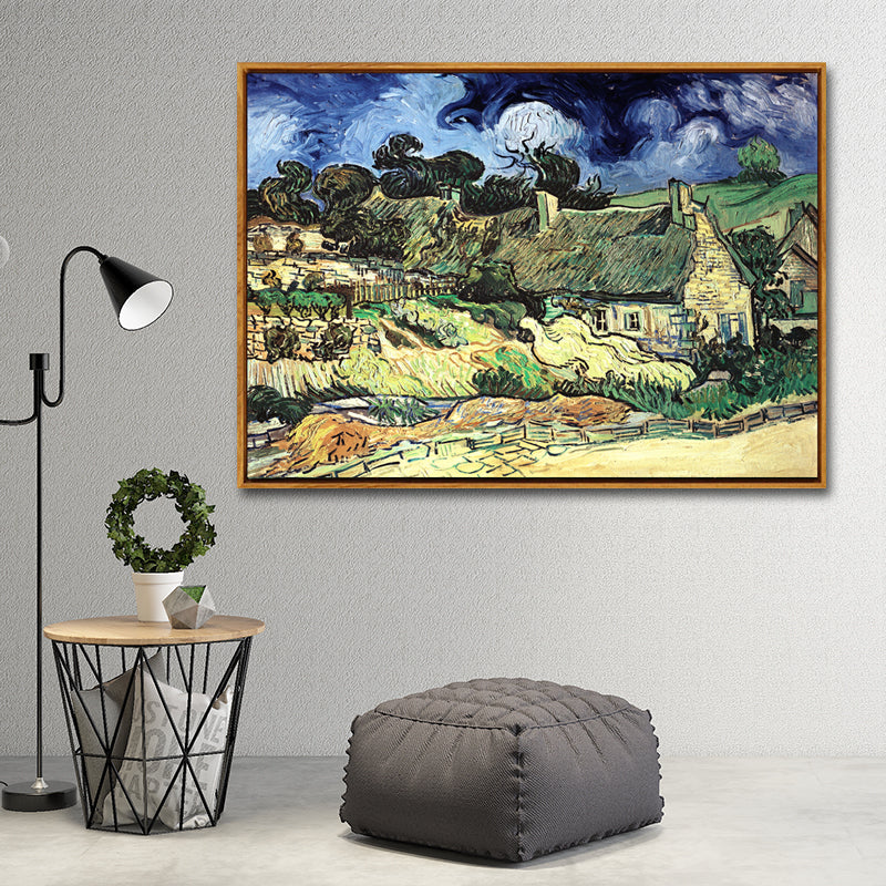 Oil Painting Rural Landscape Art Print for Family Room, Green-Blue, Textured Surface