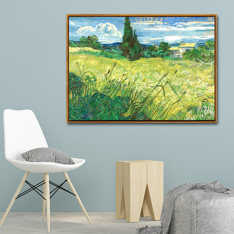 Oil Painting Rural Landscape Art Print for Family Room, Green-Blue, Textured Surface