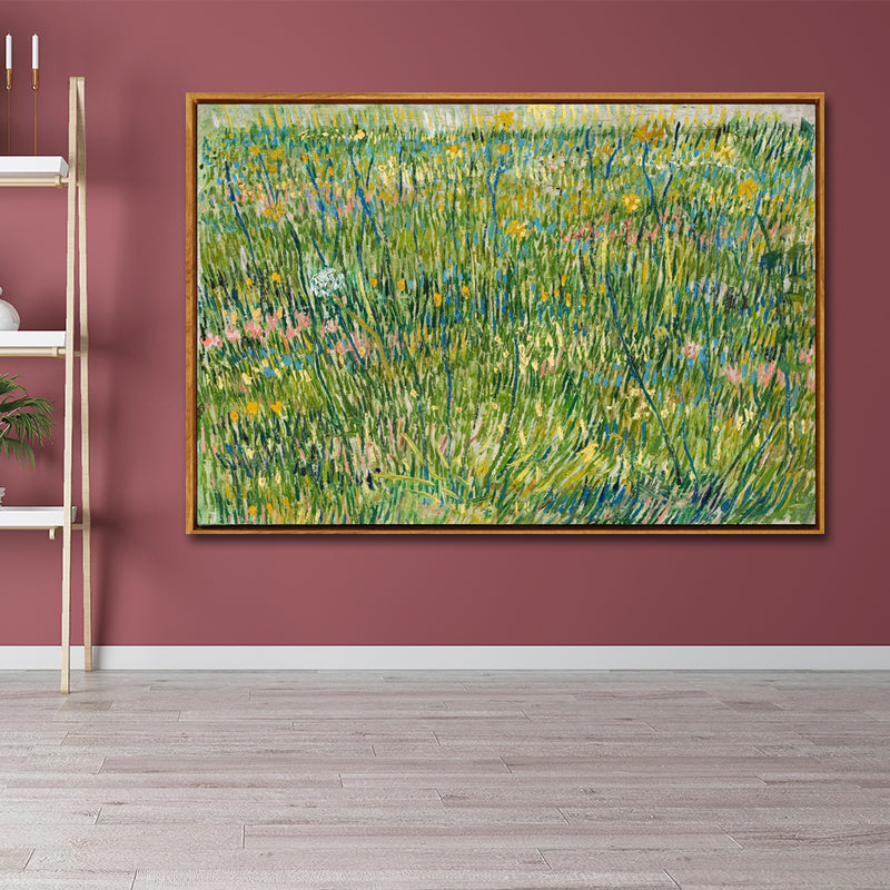 Oil Painting Rural Landscape Art Print for Family Room, Green-Blue, Textured Surface