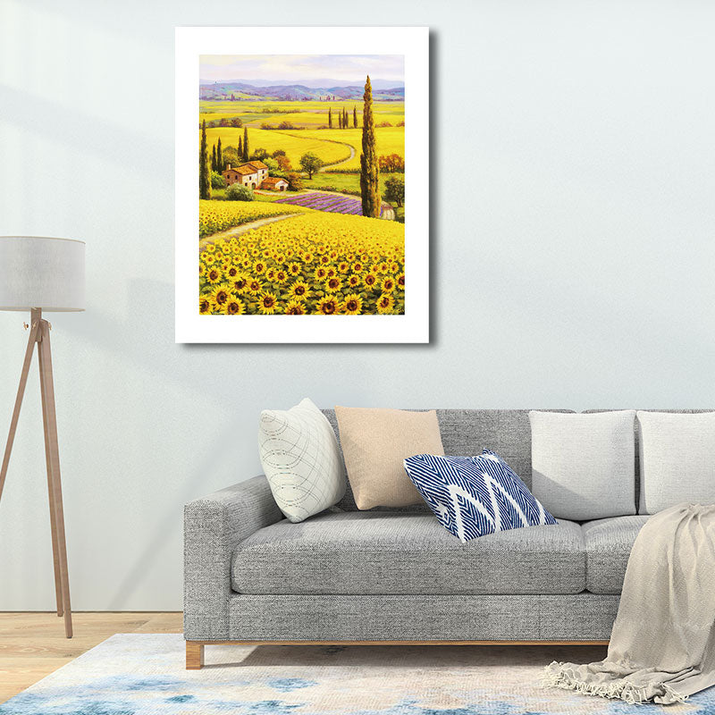 Cottage Sunflower World Canvas Print Yellow Living Room Wall Art Print, Textured