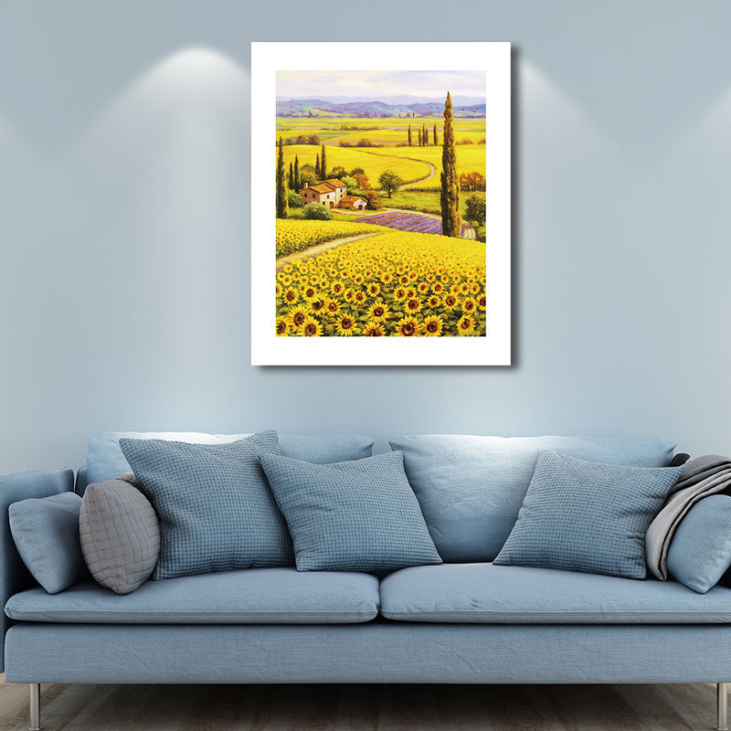 Cottage Sunflower World Canvas Print Yellow Living Room Wall Art Print, Textured