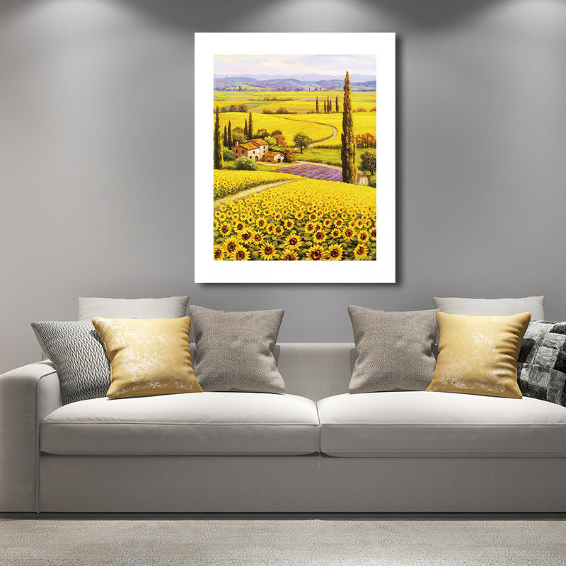 Cottage Sunflower World Canvas Print Yellow Living Room Wall Art Print, Textured