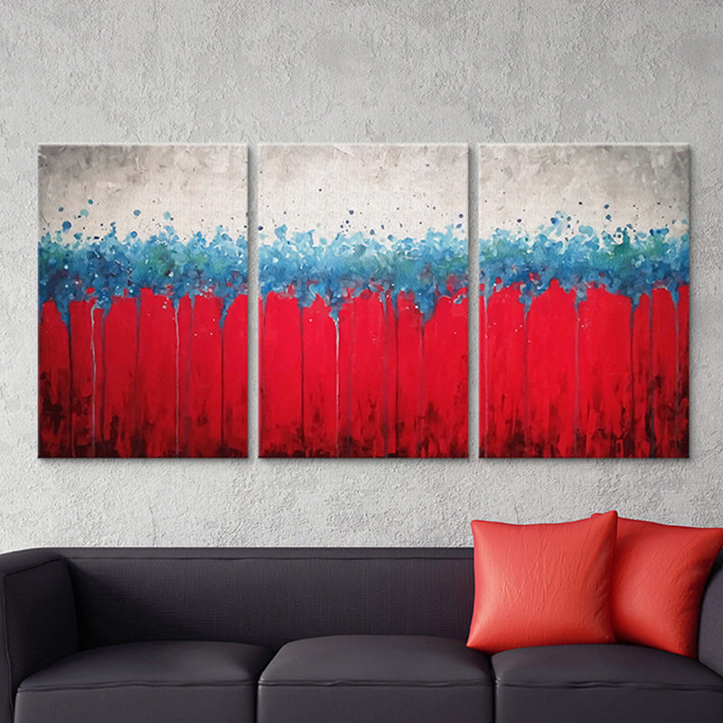 Hand-Printed Abstract Canvas Art Contemporary Textured Wall Decor in Red and Blue