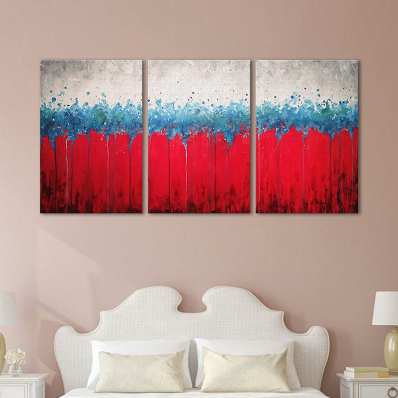 Hand-Printed Abstract Canvas Art Contemporary Textured Wall Decor in Red and Blue