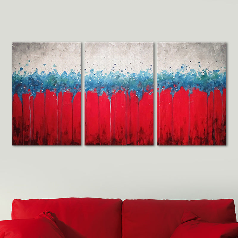 Hand-Printed Abstract Canvas Art Contemporary Textured Wall Decor in Red and Blue