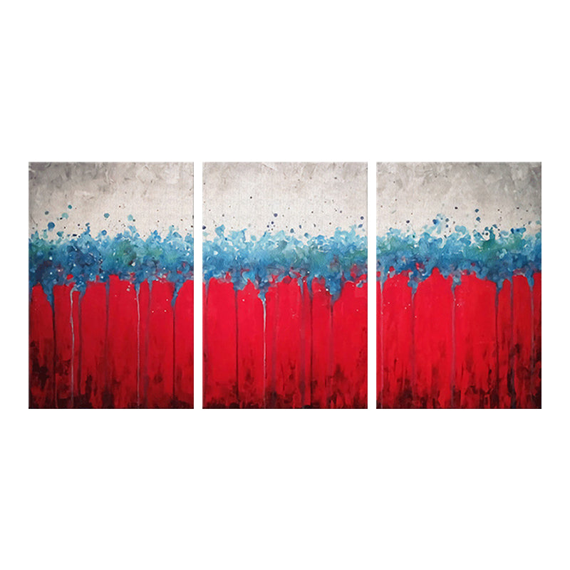 Hand-Printed Abstract Canvas Art Contemporary Textured Wall Decor in Red and Blue