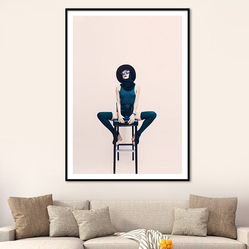 Canvas Pink Wall Art Decor Modernism Lady Sitting on Chair Wrapped Canvas for Great Room