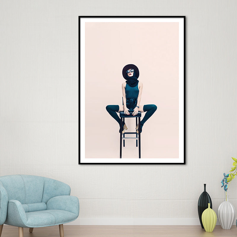 Canvas Pink Wall Art Decor Modernism Lady Sitting on Chair Wrapped Canvas for Great Room