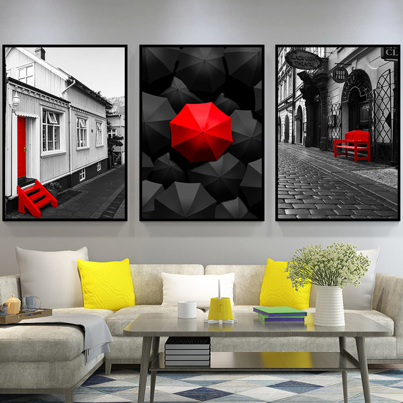 Large Modern City View Wrapped Canvas for Living Room Wall Art Print in Red, Set of 3