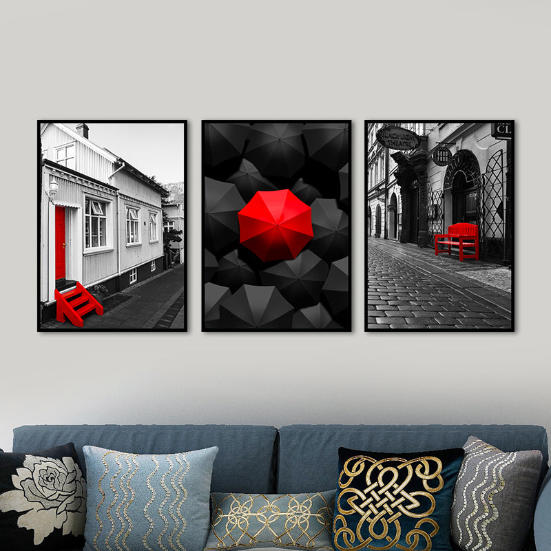 Large Modern City View Wrapped Canvas for Living Room Wall Art Print in Red, Set of 3