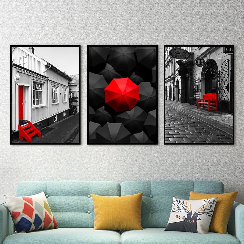 Large Modern City View Wrapped Canvas for Living Room Wall Art Print in Red, Set of 3