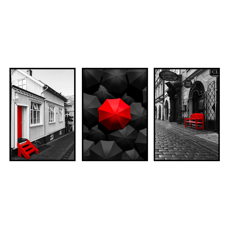 Large Modern City View Wrapped Canvas for Living Room Wall Art Print in Red, Set of 3