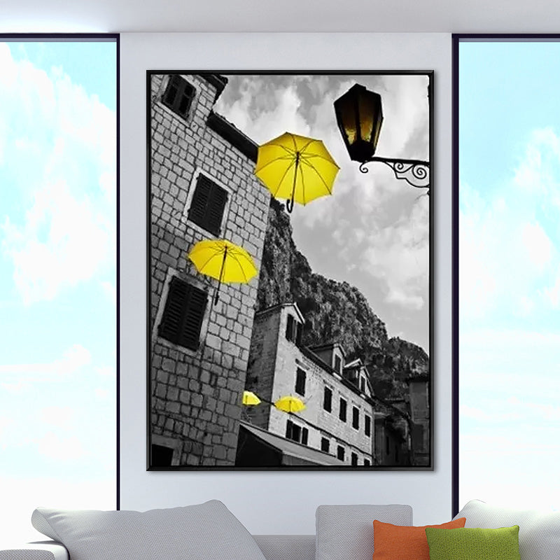 Grey Umbrella and Building Canvas Modernist Decorative Wall Art Print for Parlor