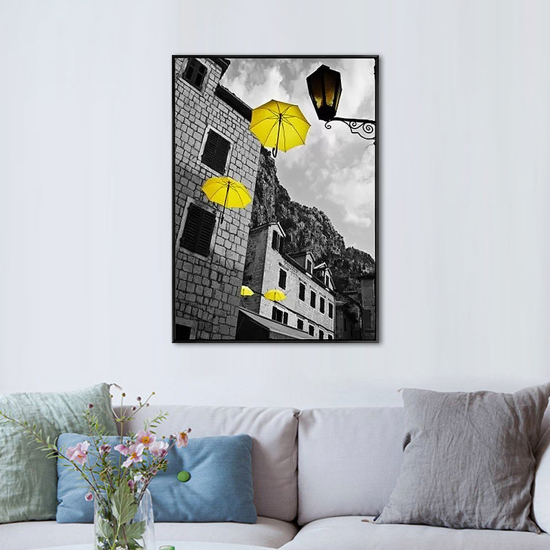 Grey Umbrella and Building Canvas Modernist Decorative Wall Art Print for Parlor